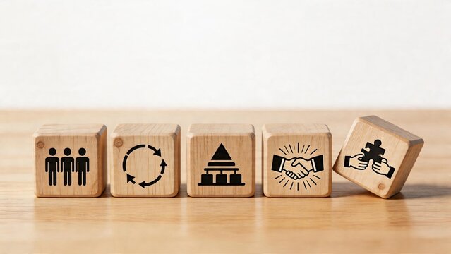 Business management concept wooden cube icons showing teamwork process flow hierarchy handshake puzzle solving