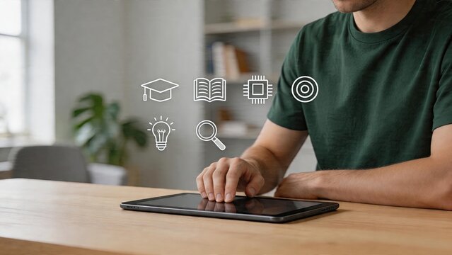 Businessman using tablet digital education concept with icons online learning technology study knowledge research elearning virtual class distance education smart classroom