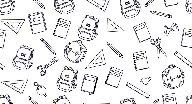 Seamless school supplies pattern outline style education student background design