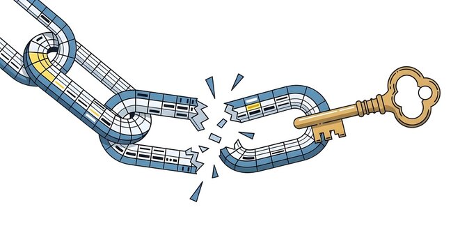 Conceptual illustration of broken iron chain being repaired or unlocked by golden key symbolizing security solution problem solving success and freedom from restrictive barriers in modern business.