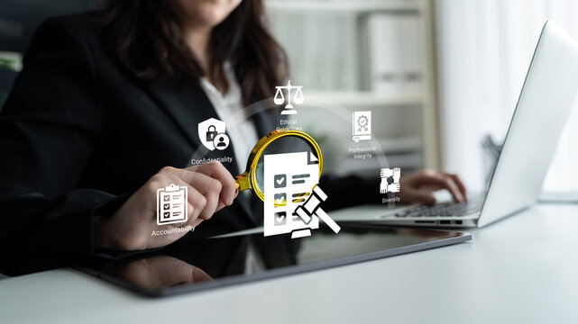 A businesswoman reviews documents on a laptop in a modern office, with illustrative icons highlighting key values like confidentiality and accountability in her professional practice. Ledger