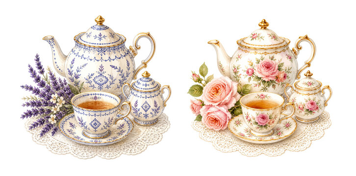 A charming watercolor set of vintage tea sets featuring porcelain teapots teacups floral patterns lavender roses and lace doilies illustrated in an elegant cottage style.