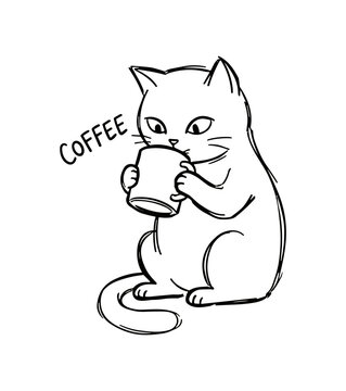 line art cat holding coffee mug drinking beverage vector illustration on transparent background