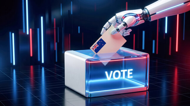 Robot hand casting New Zealand ballot into voting box, AI election and digital democracy concept. 