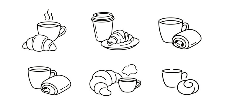 coffee cup and croissant and pastry line art illustrations set on transparent background