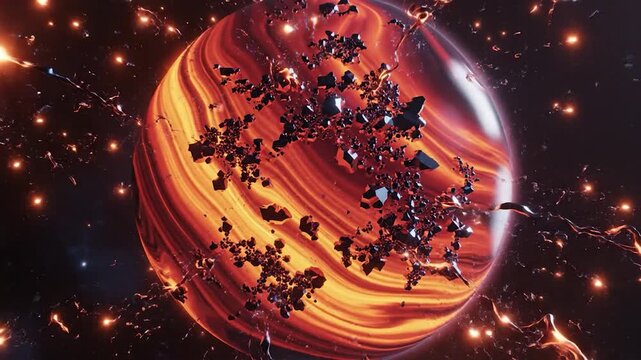 Giant molten planet exploding in deep space with asteroids and glowing debris scattering into the galaxy