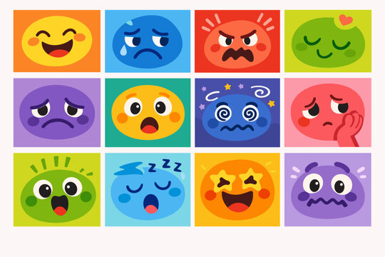 Colorful Vector Emotion Cards Set Featuring Abstract Face Characters with Different Feelings and Expressions like Happy Sad Angry Surprised and Excited for Mental Health Education and Design.