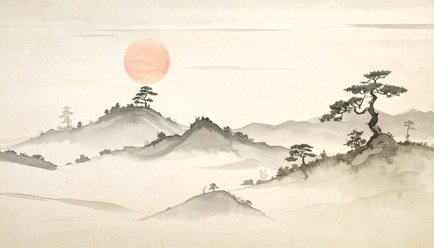 赤い太陽と霧の山並みに佇む松の静寂な水墨風景｜太陽・山・松・霧・自然・和風