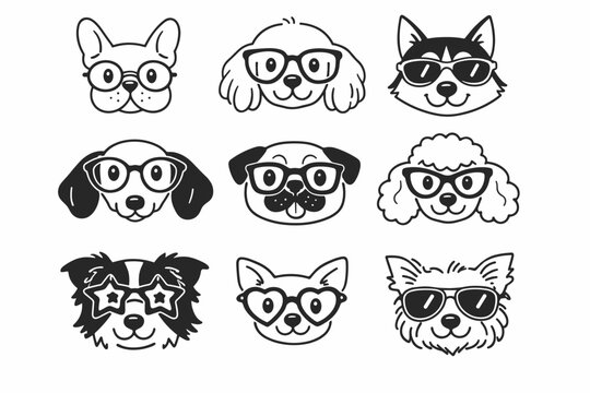 Set of Cute Dog Faces Wearing Glasses and Sunglasses Line Art Icons. Hand Drawn Doodle Style Canine Characters Including Poodle, Pug, Husky, and French Bulldog Outline Vector Illustration Graphic.