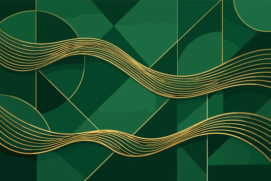 Luxury Green Geometric Abstract Background with Golden Linear Waves and Art Deco Style. Emerald and Forest Green Pattern with Gold Foil Lines for Elegant Modern Design, Retro Texture, and Decor.