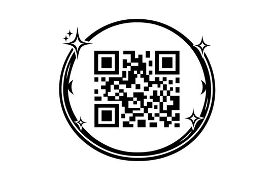 Scan Me QR Code Placeholder with Round Frame and Y2K Aesthetic Sparkles, Black Line Circle Border for Digital Marketing, Website Links, and Mobile App Scanning, Minimalist Vector Illustration