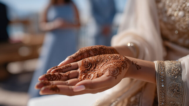 Close-up of traditional henna artist's hands drawing intricate patterns on a bride's palm backstage at a multicultural wedding, the cultural tattoo significance of each motif explained by the artist