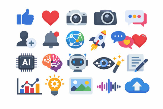 Flat vector icon set for social media and artificial intelligence featuring AI chip, robot, digital brain, like, heart, camera, chat, notification bell, global network, rocket, and cloud upload.