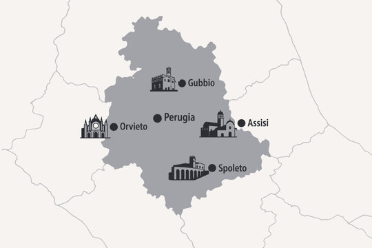 Umbria Region of Central Italy Gray Political Map Vector Illustration with Capital Perugia and Major Cities Gubbio Orvieto Assisi and Spoleto Featuring Iconic Landmarks and Historical Symbols