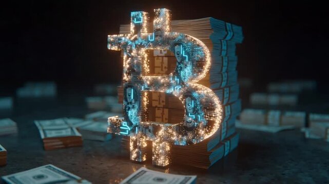 A towering Bitcoin symbol illuminates a pile of cash, signifying the cryptocurrency's growing influence and financial potential