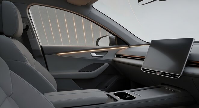 Modern car interior with digital dashboard and sleek design elements.