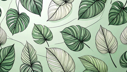 Fototapeta premium A chic green tropical leaf illustration with clean lines and a soft background. This pattern symbolizes growth and harmony, ideal for ecofriendly branding and modern wellness decor.