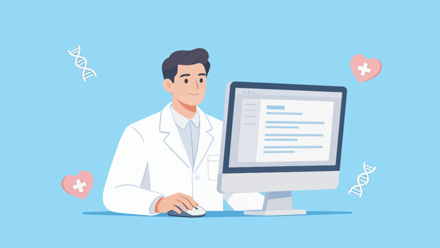 Doctor working on computer with health symbols
