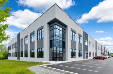Obraz premium Modern commercial building with large windows, surrounded by a parking lot and greenery under a partly cloudy sky.