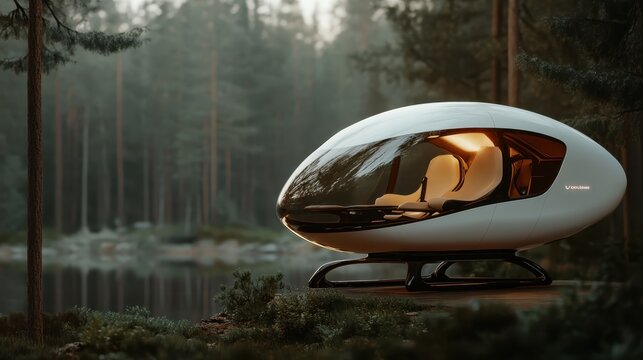 An innovative, egg-shaped cabin nestled in a serene forest setting by a lake presents a futuristic vision of architecture harmonizing with nature and modern living.