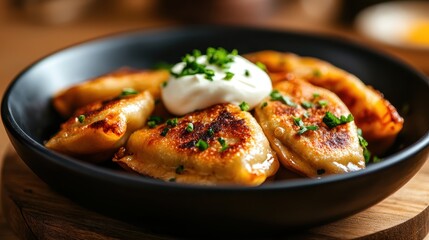 Fototapeta premium A mouth-watering presentation of golden fried dumplings garnished with fresh chives and a dollop of sour cream, representing culinary art and cultural flavors on a rustic plate.