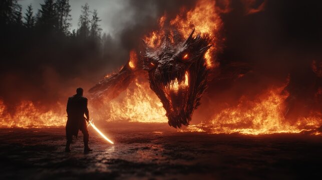 A dramatic scene unfolds as a brave warrior stands ready to fight a fearsome fire breathing dragon amidst flames, capturing a powerful conflict between good and evil.