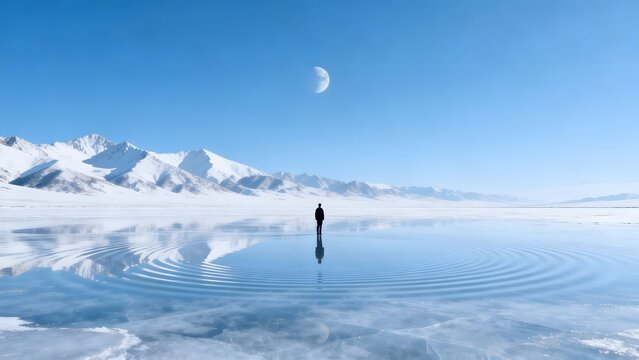Person standing on frozen lake with mountains