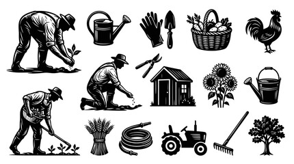 Obraz premium Farming and Gardening Vector Icons: Farmers, Tools, Tractor, Rooster, Tree, Black and White