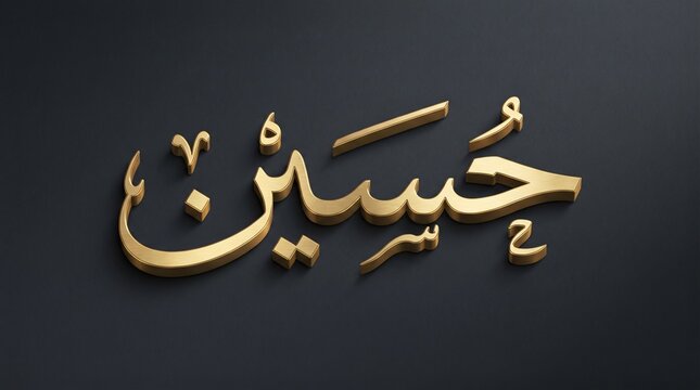 Elegant gold 3D Arabic calligraphy of the name Hussain on a dark grey background, minimalist Islamic art for Muharram