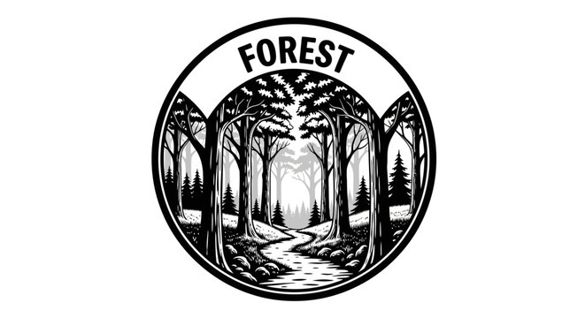 Black and white forest illustration logo.