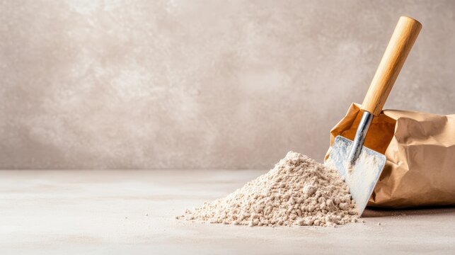 A mound of flour sits beside a shovel and a brown paper package on a beautifully lit table, representing the essence of baking and culinary arts in a rustic, inviting atmosphere.