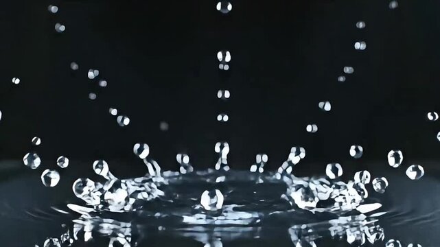 Water droplets splash and fall into a dark body of water creating ripples