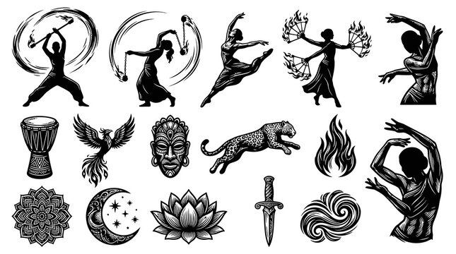 Black and White Tribal Dance, Fire Dance, and Nature Symbols Vector Set