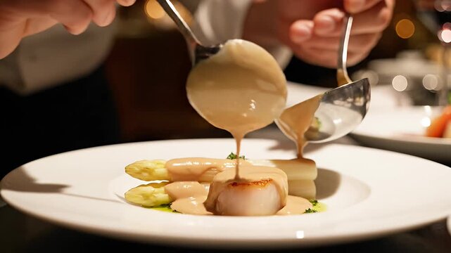 Chef plating gourmet meal with sauce white plate close up indoors