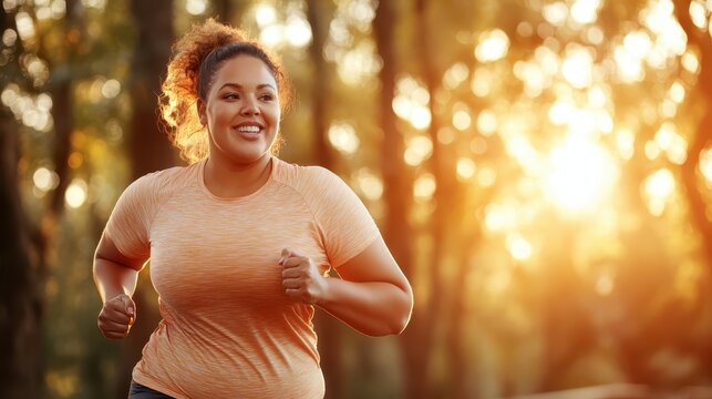 A happy woman jogging through a sunlit forest, embodying health, vitality, and the joy of being active in nature during the golden hour of sunset.