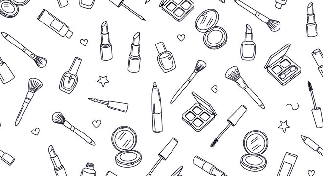Cosmetics makeup seamless pattern line art vector beauty salon background