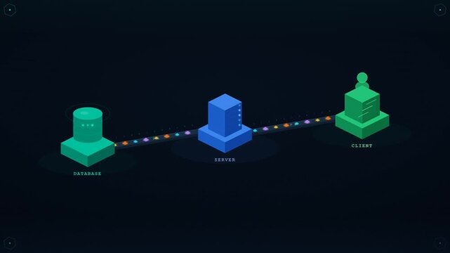 Isometric Database Server Client Network Data Transfer Animation on Dark Technology Background