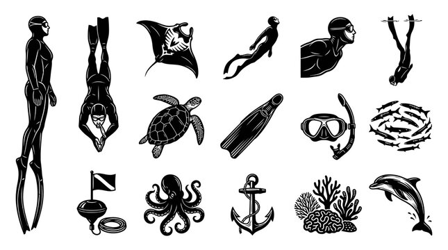 Black and White Vector Icons: Underwater Diving, Freediving, Spearfishing, Marine Life, Equipment