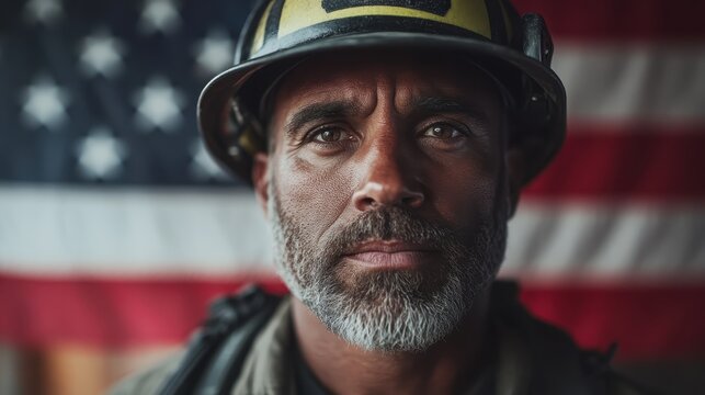 A solemn firefighter stands proudly in front of an American flag, showcasing bravery, dedication, and strength in the face of challenges and duty to serve the community.