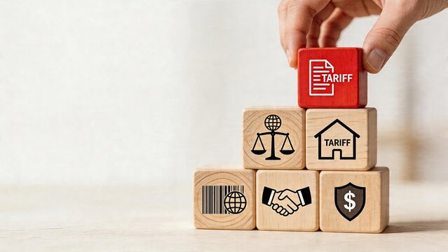 Business man stacking wooden blocks to build tower concept international trade tariffs economic policy protectionism import export law document icon