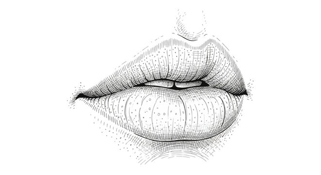 Detailed illustration of pursed lips in black and white