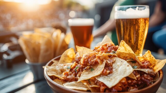 A vibrant platter of nachos topped with salsa and accompanied by cold beers during a game, representing the joy of sharing food and drinks in a festive sports atmosphere.