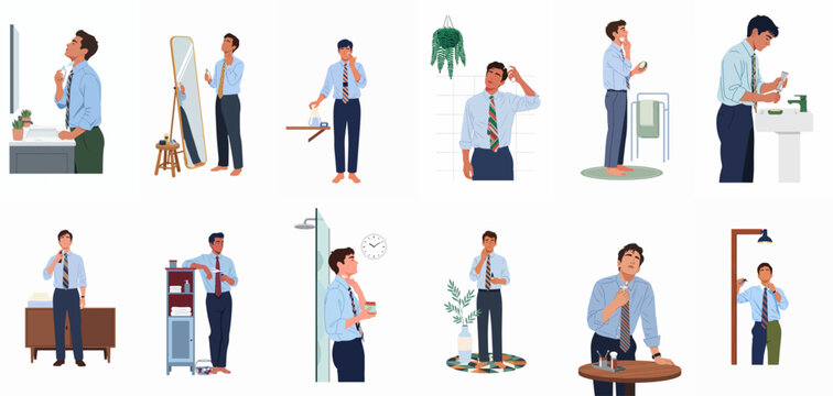 Flat vector illustrations of a professional man performing morning grooming routines, including skincare, hairstyling, shaving, and applying perfume for daily self-care.