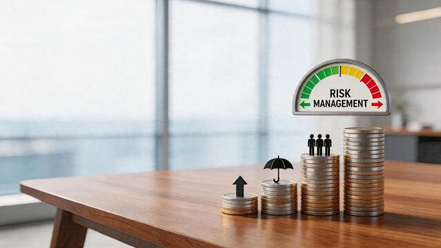 Risk management concept gauge showing financial security increasing growth of coins stacked umbrella protecting assets arrow pointing up business strategy for economic safety and