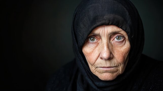 A deeply expressive elderly woman, wearing a black hijab, gazes intensely; her eyes reveal a world of wisdom and untold stories across generations.