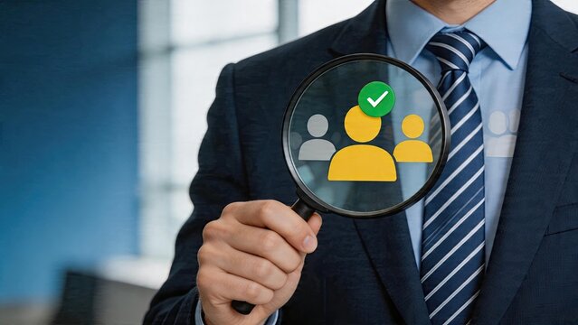 Businessman holding magnifying glass inspecting digital user icon hiring process selection recruitment screening finding qualified candidates for job interview and HR management