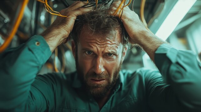 A distressed engineer grappling with tangled wires and technical issues, reflecting the stress and complexity of modern technology environments in challenging situations.