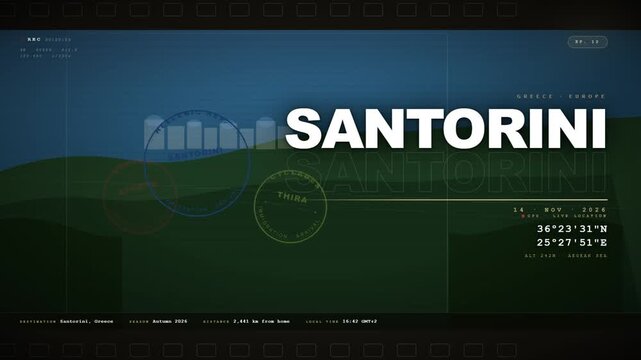 Travel Vlog Cinematic Title Card with Destination Coordinates and Passport Stamps for Greek Island