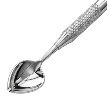 A close-up of a stainless steel melon baller or fruit scoop with a textured, diamond-patterned handle against a black background