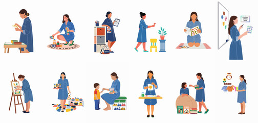 Fototapeta premium Set of illustrations featuring a kindergarten teacher engaging in various classroom activities, teaching, organizing, and rewarding students with stickers.